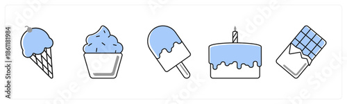 A set of 5 mix icons as ice cream cone, cupcake, popsicle in grey color