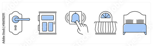 A set of 5 mix icons as return package, door, doorbell in grey color