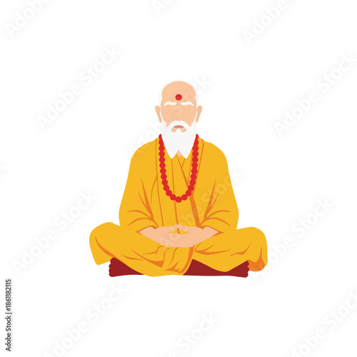 Meditating bald monk vector illustration, spiritual guru in yellow robe with bindi and prayer beads