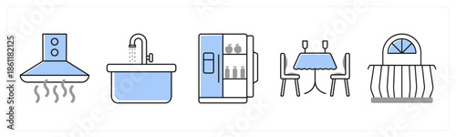 A set of 5 mix icons as chimney, sink, refrigerator in grey color