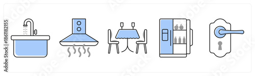 A set of 5 mix icons as home renovation, house key, house contract in grey color