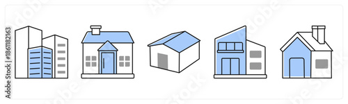 A set of 5 mix icons as balcony, swimming pool, return package in grey color