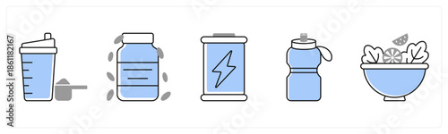 A set of 5 mix icons as protein shake, vitamin, energy drink in grey color
