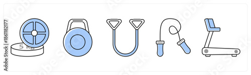 A set of 5 mix icons as weight plate, kettlebell, resistance band in grey color