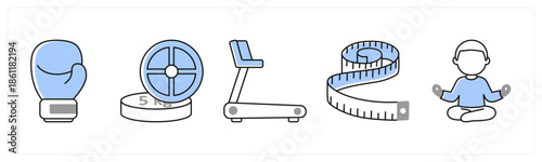 A set of 5 mix icons as water bottle, salad bowl, protein shake in grey color