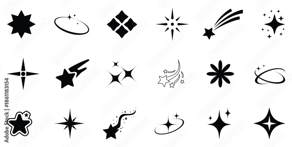 Fototapeta premium Sparkle star icons set. Shine icons. Stars sparkles vector. Star icon collection. Different star shapes. Black stars icon set. 