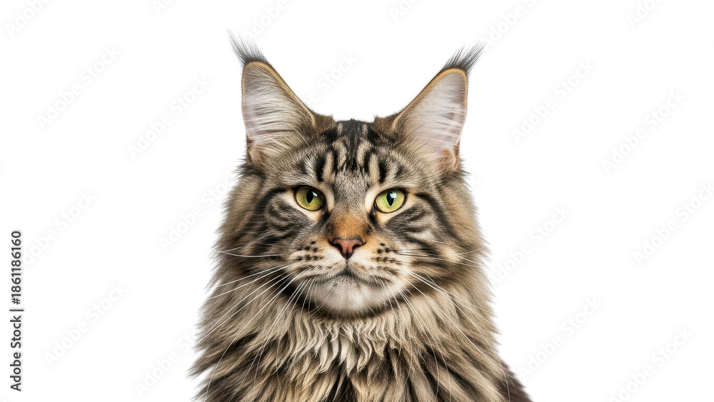 Fototapeta premium Close-up studio portrait of a majestic brown tabby Maine Coon cat with green eyes isolated PNG with Transparent Background