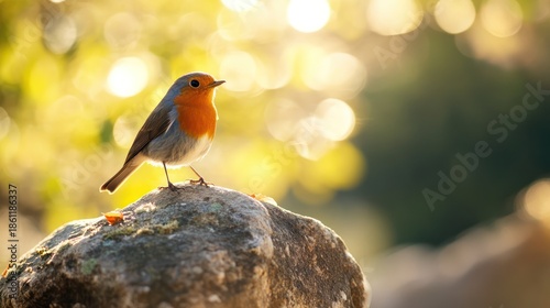 Robin perched on rock, golden light (1)