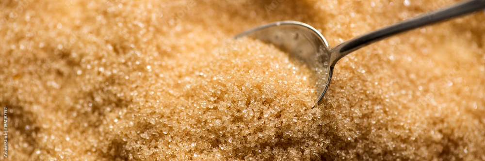 Fotografie Brown Cane sugar in a spoon close up