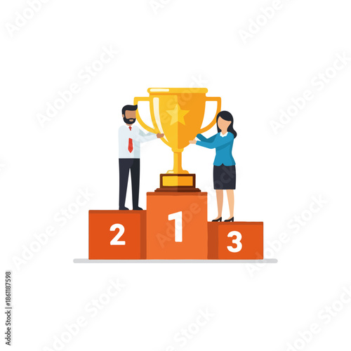 Woman holding trophy on podium winners.