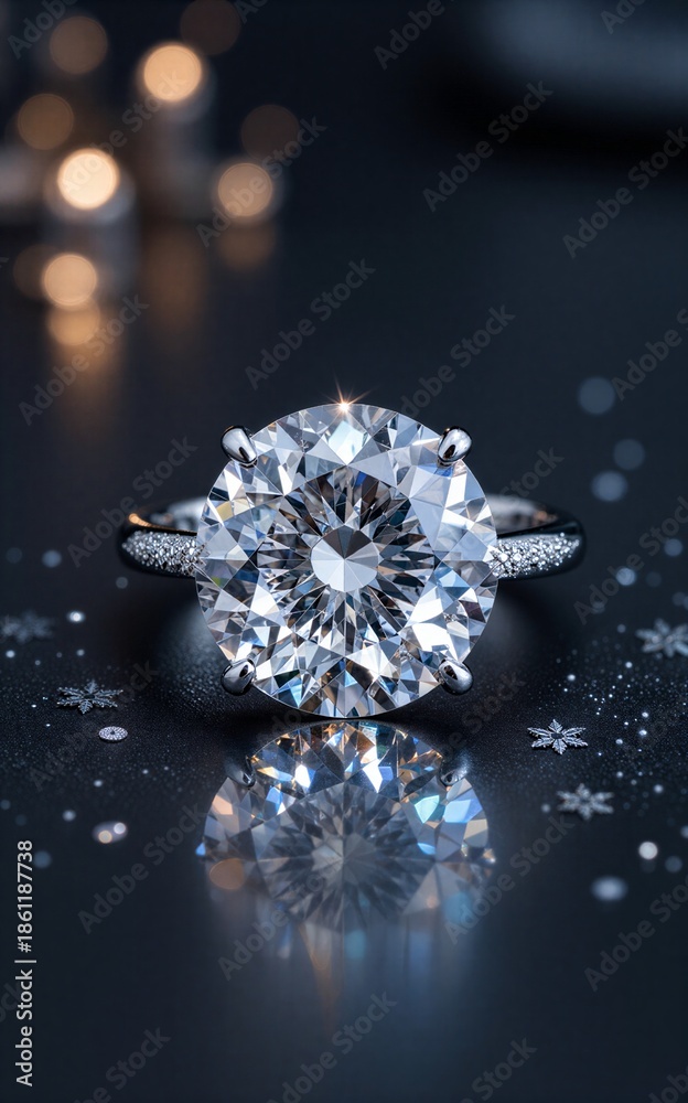 Fototapeta premium Shining diamond ring on dark surface, surrounded by twinkling lights and snowflakes.