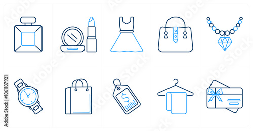 A set of 10 mix icons as perfume bottle, cosmetics, dress