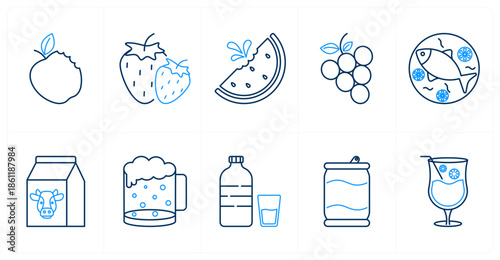 A set of 10 mix icons as apple, strawberry, watermelon