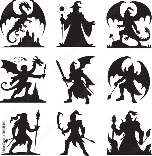 black silhouettes of fantasy creatures and wizards on white background
