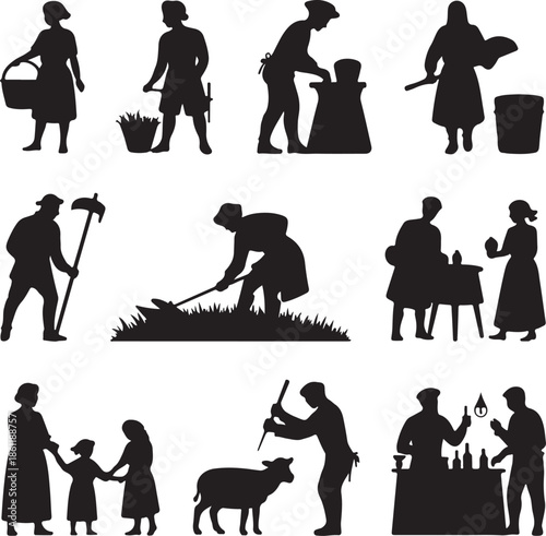 Black silhouettes of people doing farm work and daily activities on white background