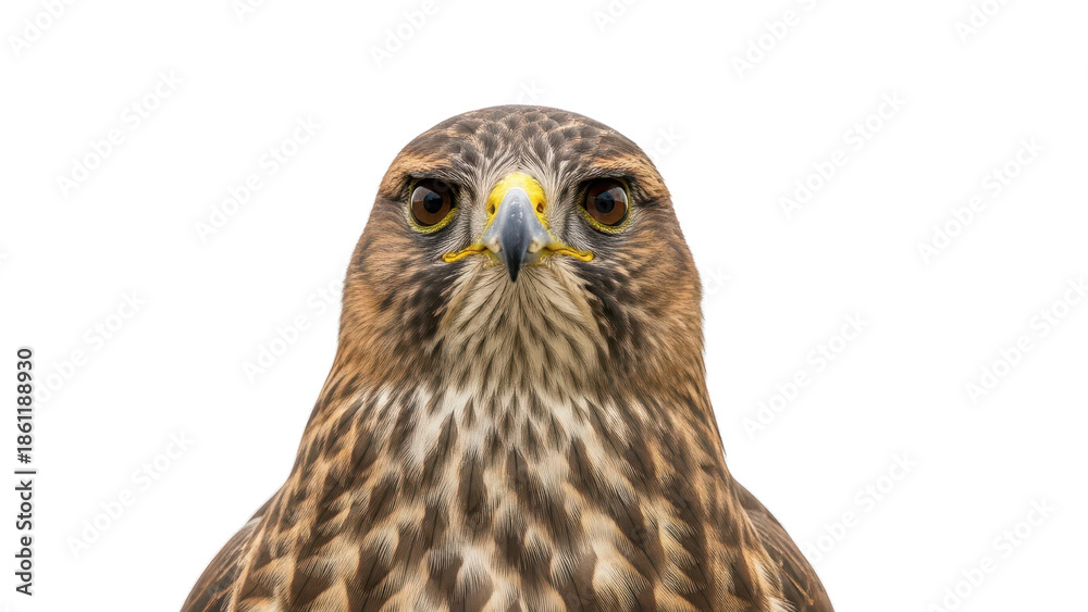 Fototapeta premium Close-up portrait of a broad-winged hawk with intense direct stare isolated PNG with Transparent Background
