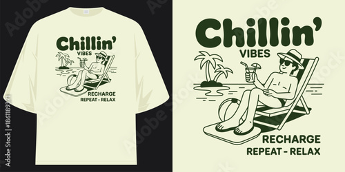 chillin vibes recharge repeat relax beach vacation summer holiday graphic design apparel vintage retro t shirt design vector illustration artwork
