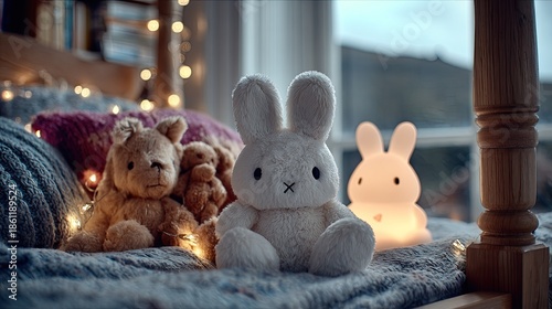 Soft plush toys and a glowing nightlight resting on cozy bedding near a window during twilight.