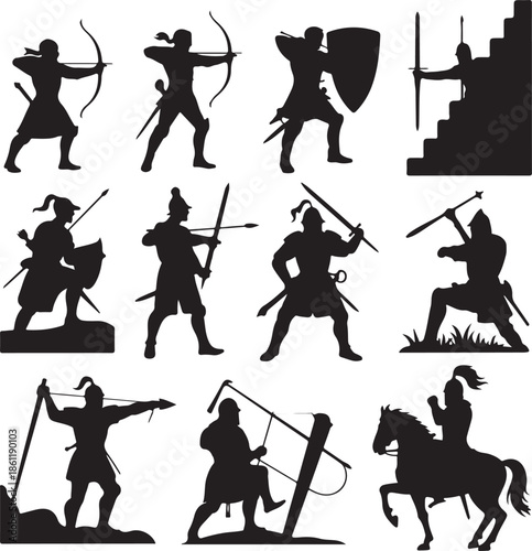 Medieval warriors and archers in various combat poses and actions