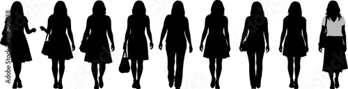 Full, body, silhouette, of, diverse, women, walking, in, casual, business, attire, showing, unity, and, inclusion, with, a, standout, highlighted, figure, in, white, shirt.