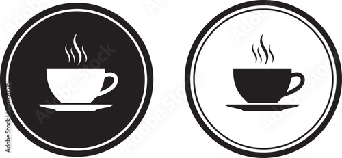 Steaming Coffee Cup Icons Set, Black and White Icons Representing Hot Beverage in Ceramic Mug on Saucer