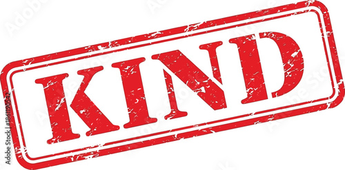 A detailed view of a red rectangular stamp displaying the word kind in bold distressed lettering