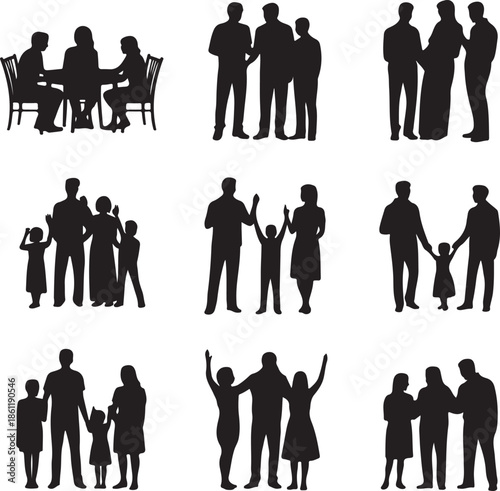 black silhouettes of people in various social interactions and family settings