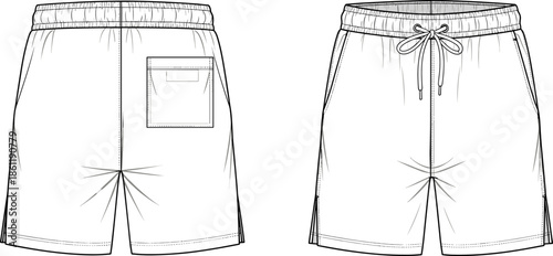Mens sports shorts technical sketch, front and back view of casual drawstring trunks, apparel fashion template for design, isolated on white background, vector.