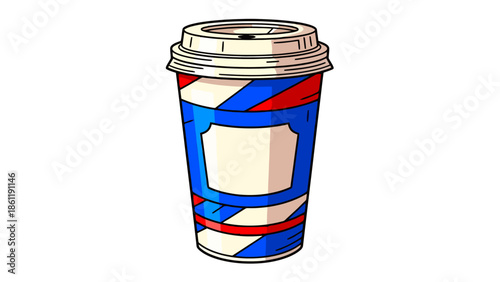 A disposable coffee cup with a bold, striped design in red, white, and blue