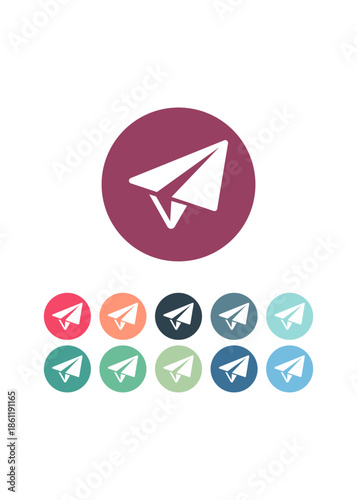 A minimalist white paper plane icon centered within a solid colorful circle. It features clean lines and a sharp angle to symbolize sending messages or digital sharing.
