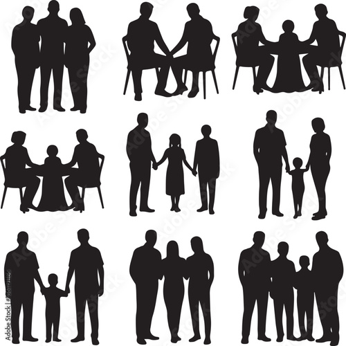 black silhouettes of people in various poses and relationships