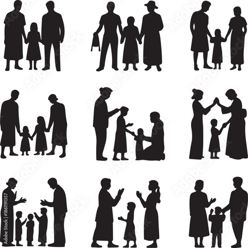 Silhouettes of people and children in various poses and interactions