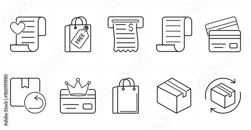 A set of 10 mix icons as wishlist, free label, store receipt