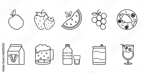 A set of 10 mix icons as apple, strawberry, watermelon