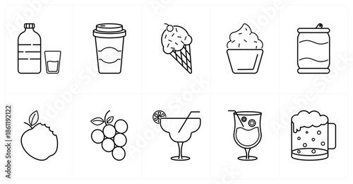 A set of 10 mix icons as water bottle, coffee cup, ice cream cone