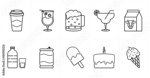 A set of 10 mix icons as coffee cup, juice glass, beer mug