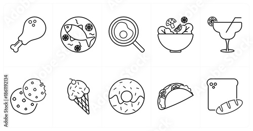 A set of 10 mix icons as chicken leg, fish dish, omlette