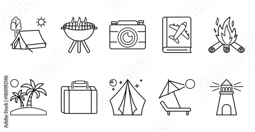 A set of 10 mix icons as tent, bbq grill, camera