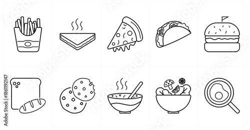 A set of 10 mix icons as french fries, sandwich, pizza slice