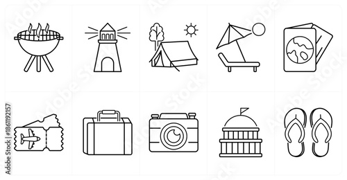 A set of 10 mix icons as bbq grill, lighthouse, tent