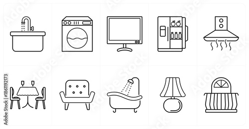 A set of 10 mix icons as sink, washing machine, television