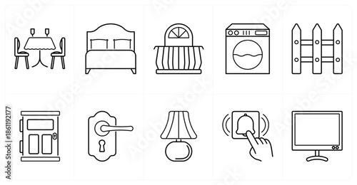 A set of 10 mix icons as dining table, bed, balcony