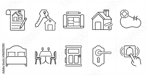 A set of 10 mix icons as house contract, house key, floor plan