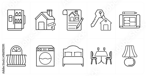 A set of 10 mix icons as referigerator, home renovation, house contract
