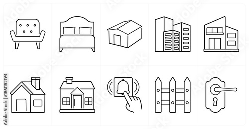 A set of 10 mix icons as sofa, bed, warehouse