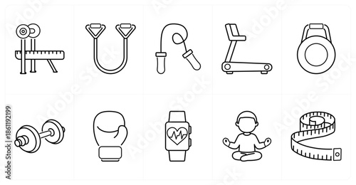 A set of 10 mix icons as bench press, resistance band, jum rope