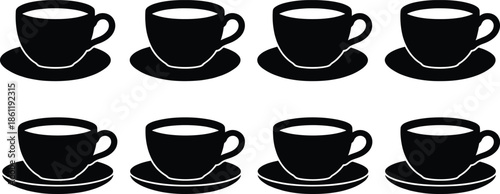 Black coffee cup silhouette set, minimalist mug icon collection, ceramic tea cup shapes, cafe drink symbols, hot beverage vector illustration, isolated on white background