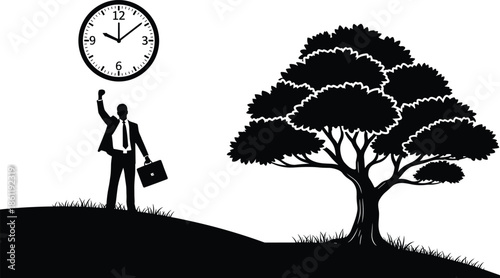 Businessman silhouette raising fist under clock near tree, time management success concept, work life balance illustration isolated white background