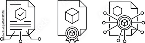 Blockchain document verification icons set, smart contract certification files, digital approval workflow, secure data validation, decentralized technology illustration, line vector design