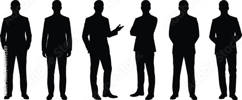 Businessmen silhouettes standing in formal suits poses collection, professional corporate male figures isolated black on white background illustration, vector, design